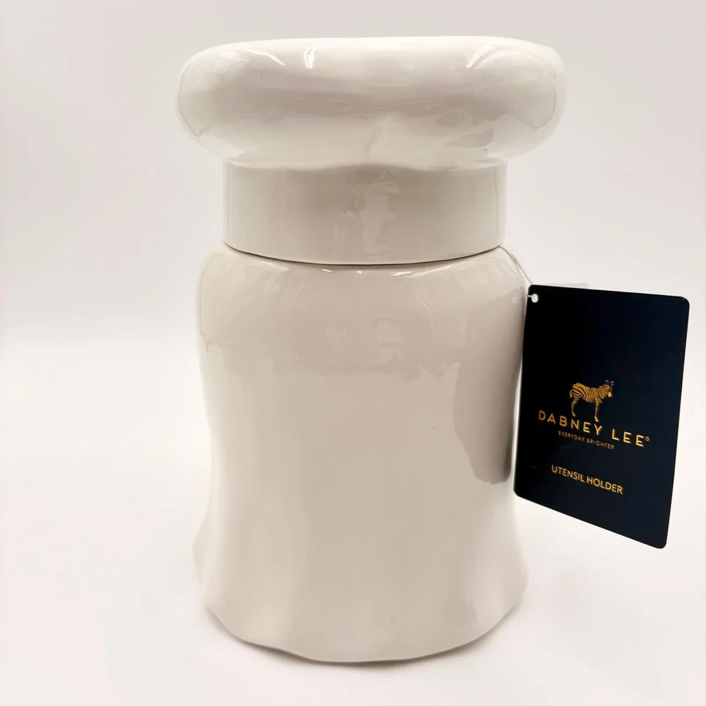 Dabney Lee Ghost Baker Ceramic Utensil Holder Cookie Jar Pink Bow Macarons NEW